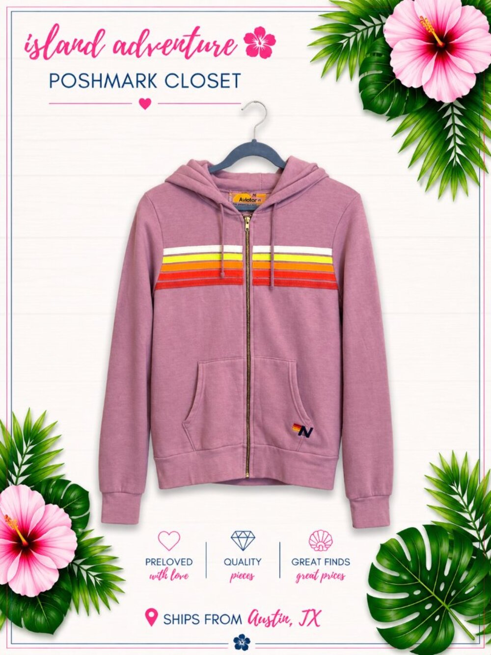 Aviator Nation 5 Stripe Zip Up Hoodie Mauve/White Neon Size - Medium